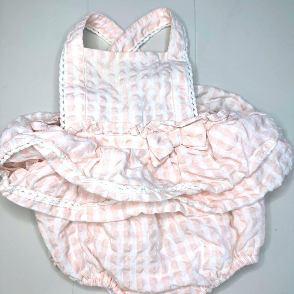 Joie Romper Baby Girl 6-9M Pink White Gingham Ruffle Lace Bow Sunsuit
